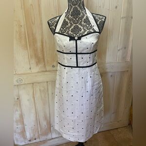 Nikki Valenti Irish Linen Halter Dress Size 8 White with Navy Polka Dots